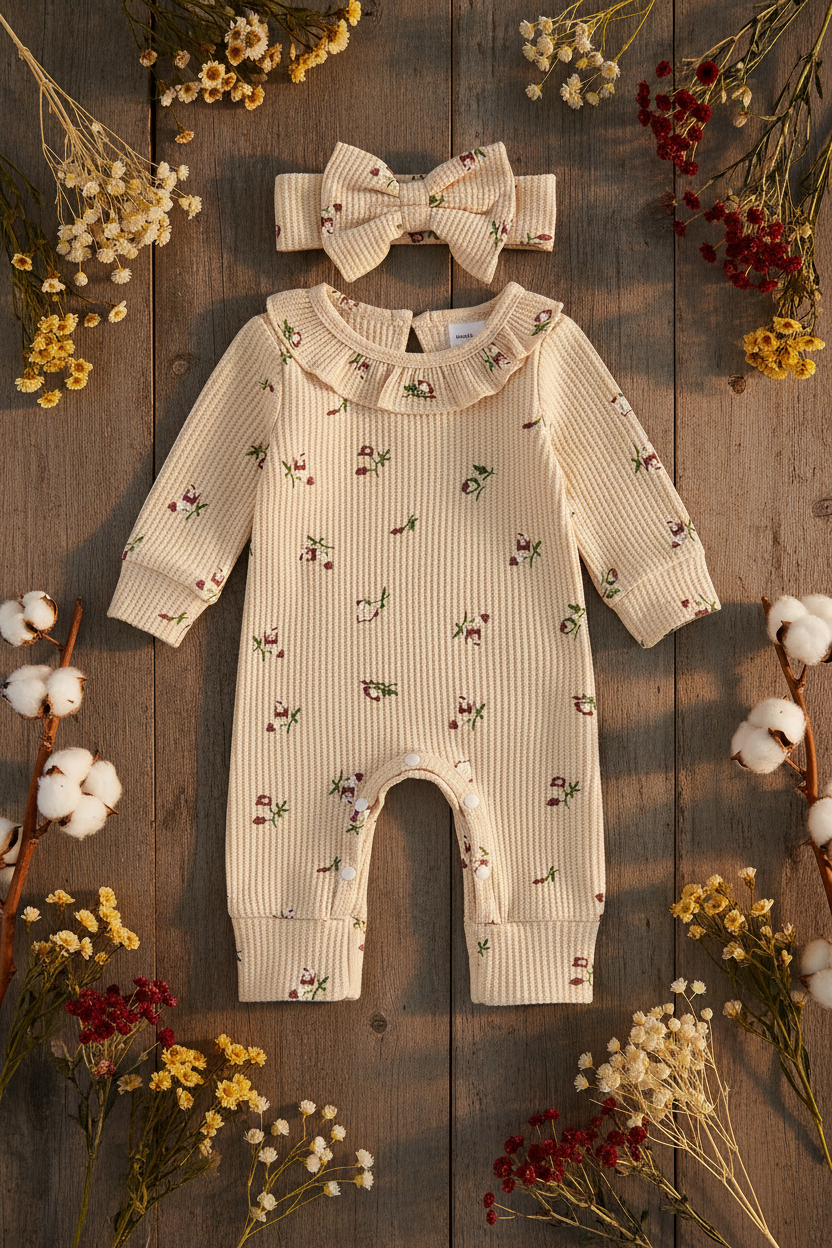 Baby Girl Floral Waffle Romper Set with Bow Headband