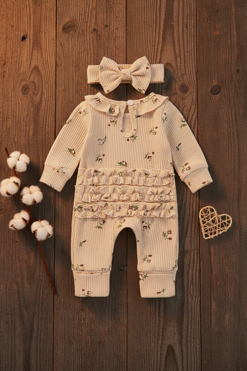 Baby Girl Floral Waffle Romper Set with Bow Headband