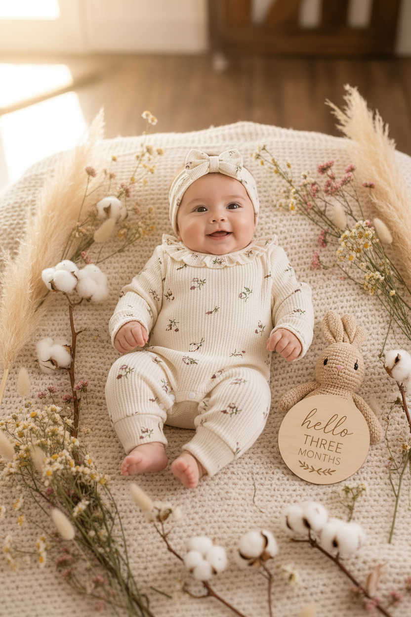 Baby Girl Floral Waffle Romper Set with Bow Headband